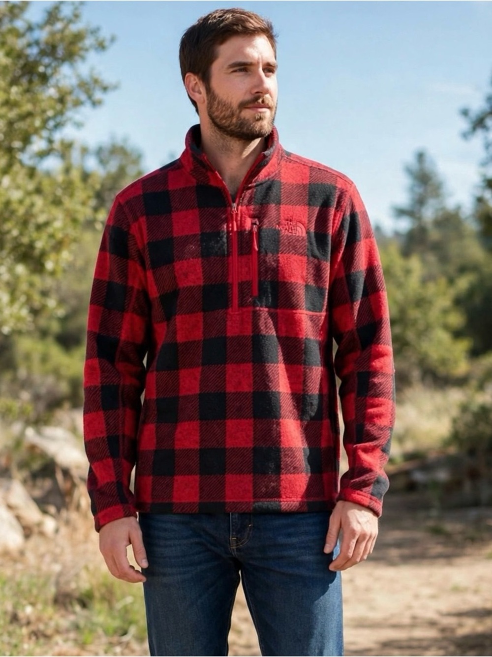 The North Face Fleece Pullover Men’s Large Red Black Buffalo Plaid 1/4 Zip